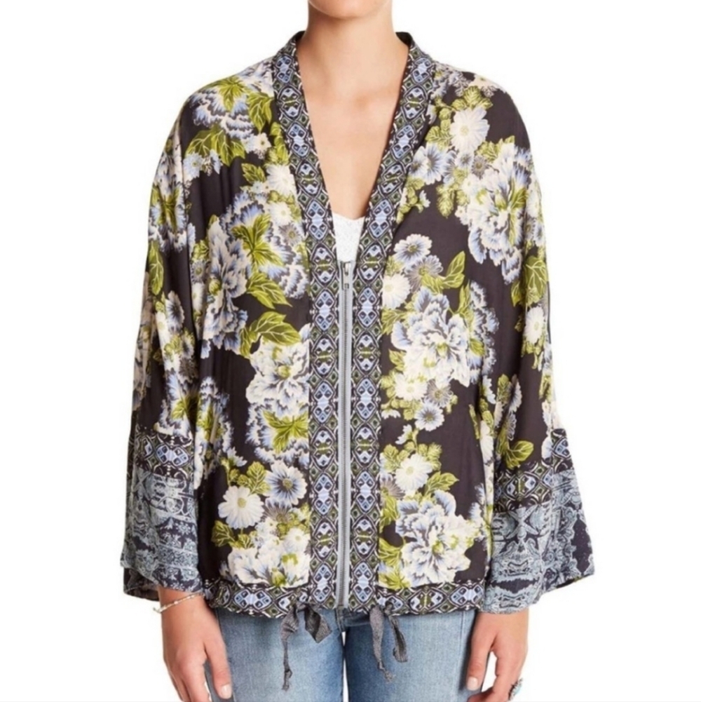 Free People Women's Boho Cinched Wildflower Kimono Full Zip Blouse Sz XS/S - Picture 2 of 16